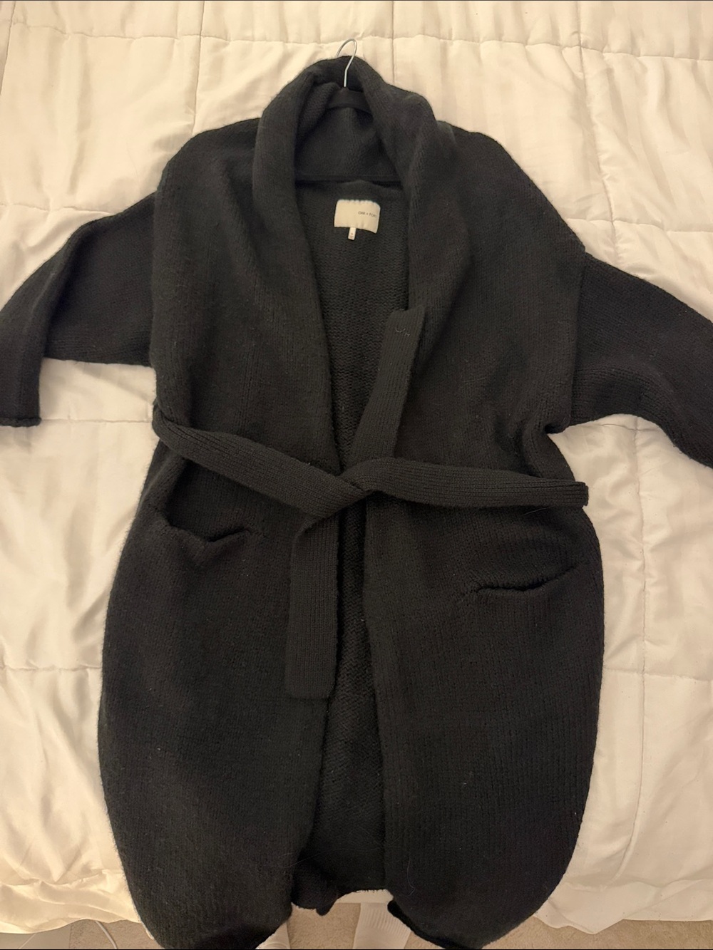 OAK + FORT Black Shawl-Collar Belted Cardigan